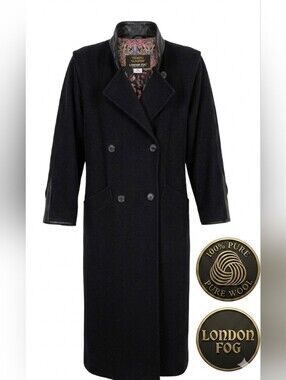 London Fog Leather Wool Black Double-Breasted Long Trench Coat
